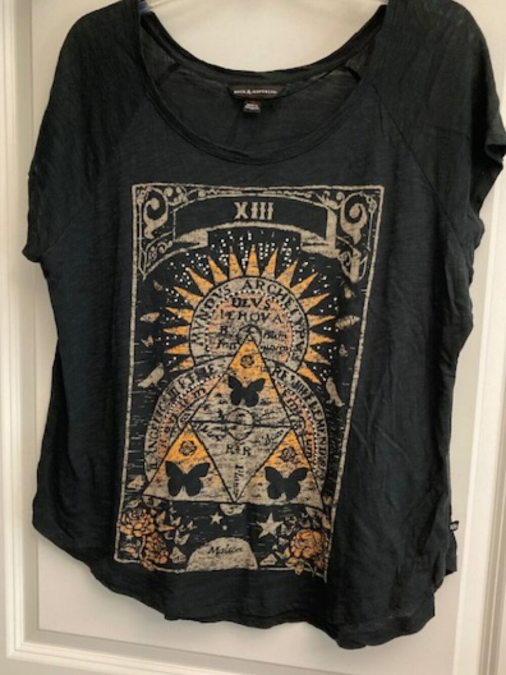 Rock & Republic Black Short Sleeve Tee with Graphics/Stud Accents- Medium